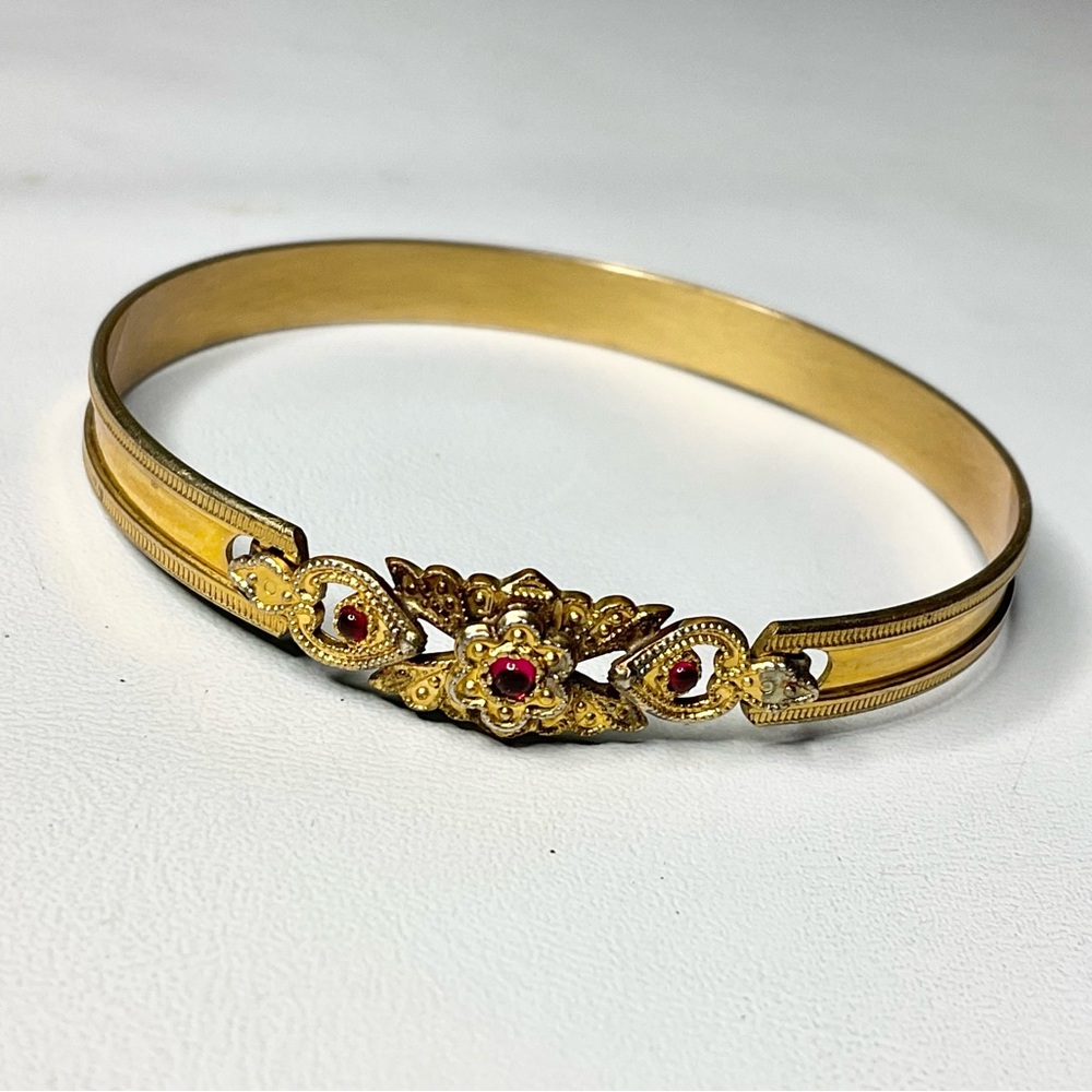 Antique Gold Plated Baby Bangle Red Cabochon Paste Stones
